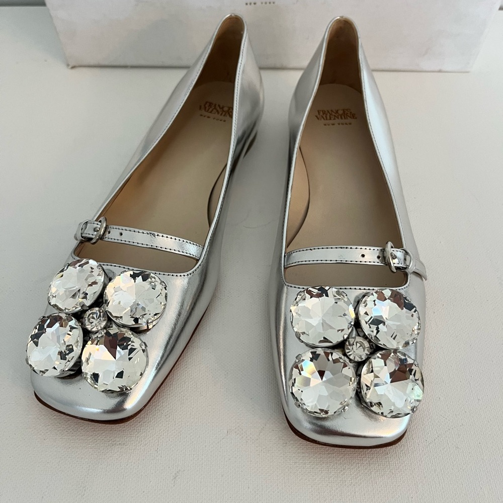Frances Valentine Josephine Silver Ballet Flats with Crystal Embellishments